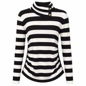 Cache Quiet Luxury Striped Turtleneck Top Women Large French Girl Parisian Chic